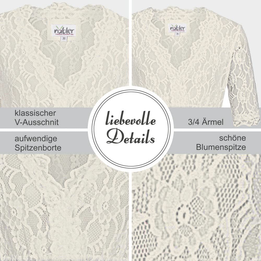 Nübler Dirndlbluse Damen Laura - Kurzarm Trachtenbluse mit Spitze & V-Ausschnitt - Creme, Elegante Tracht im Landhaus Stil - Hochwertige, formbeständige Qualität