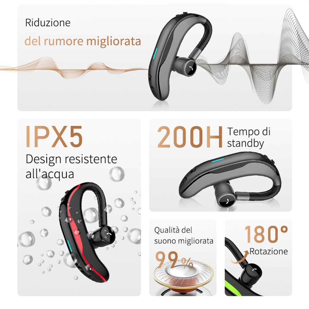 Auricolare Wireless Bluetooth 5.4 Mono/Indip. (L/R), 200h standby, ENC, HiFi, IPX4, 180° rotazione, 12g ultra-leggero, compatibile iOS/Android. Design ad aggancio.(rosso)