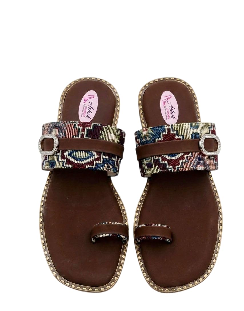 Synthetic Leather Slide Sandals for Women | Buckle Flat Sandal with Geometric Printed Upper, Toe Loop & Textured Sole | Comfortable Casual Footwear for Festive Occasions (Multicolor)-image-38
