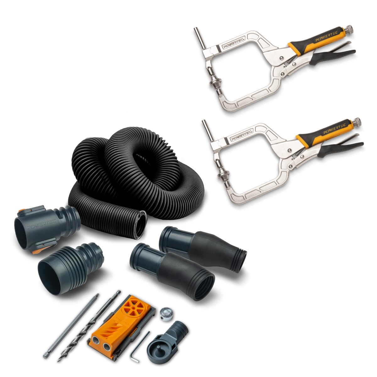 POWERTEC Twin Pocket Hole Jig set with 10 Ft. Dust Collection Hose Kit for Woodworking Power Tools Home and Wet/Dry Shop Vacuums