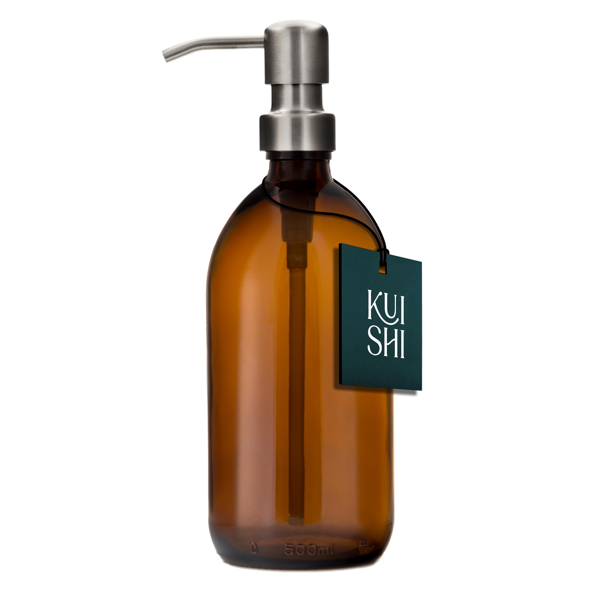 Kuishi Silver Glass Soap Dispenser With Stainless Steel Pump - 500Ml Refillable Bpa-Free Hand Soap Dispenser For Kitchen & Bathroom, Amber