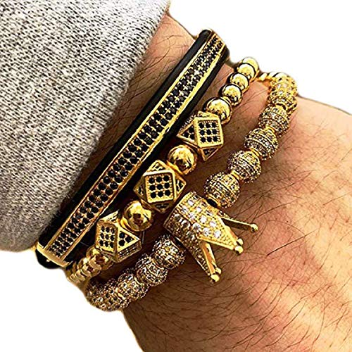 GVUSMIL Luxury CZ Imperial Gold Crown Bracelets Set King Royal Style with 8mm Zirconia Beads Braided Pulseira Bangle Charm Jewelry for Men2