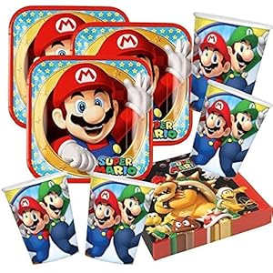ILS I LOVE SHOPPING Supermario Partyset voor verjaardagsfeesten, met 8 borden, 23 cm, 8 glazen en 20 servetten (Super…