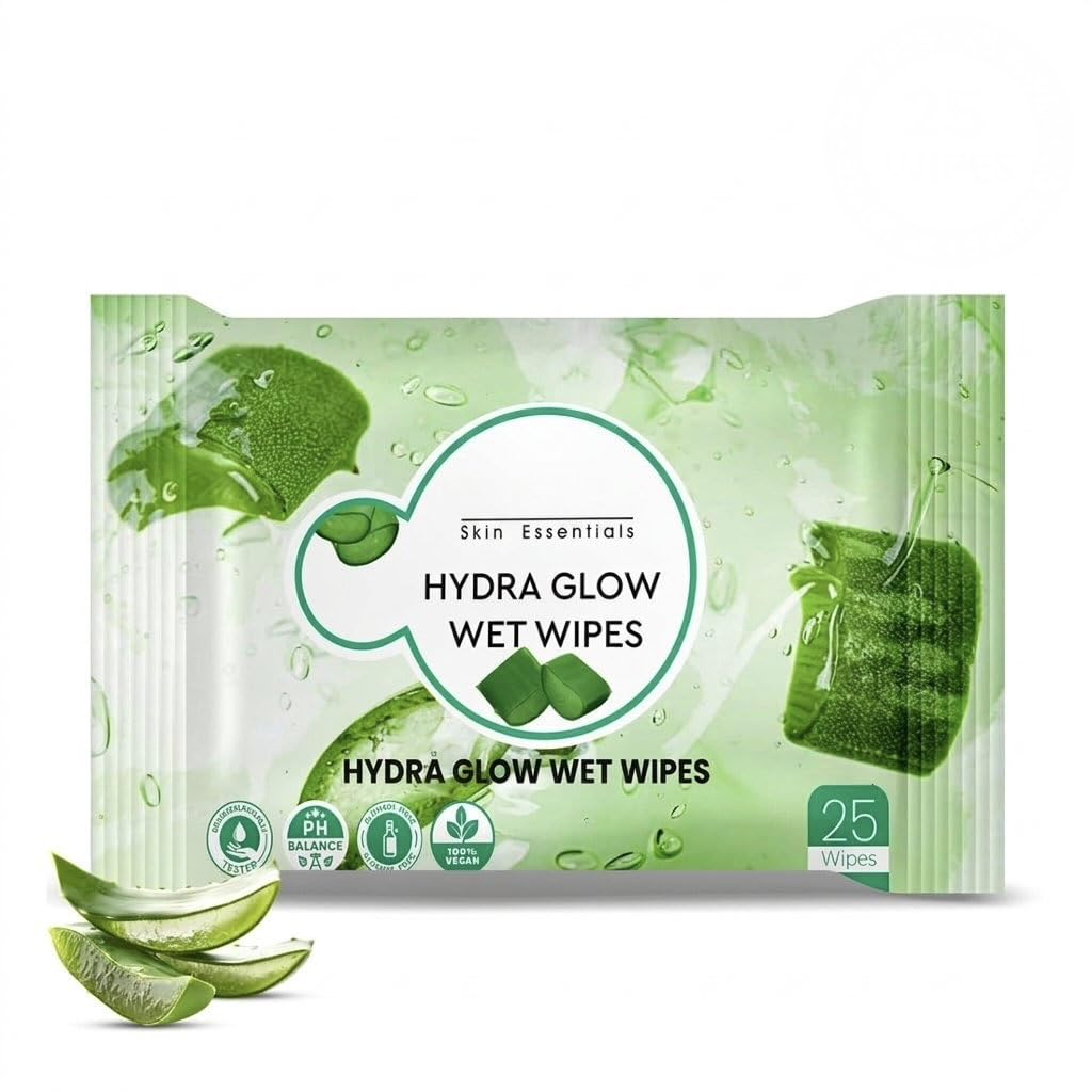 skin essentials hydra glow wet wipes, 25 wipes | aloe vera infused, ph balanced, 100% vegan, alcohol free, dermatologist tested