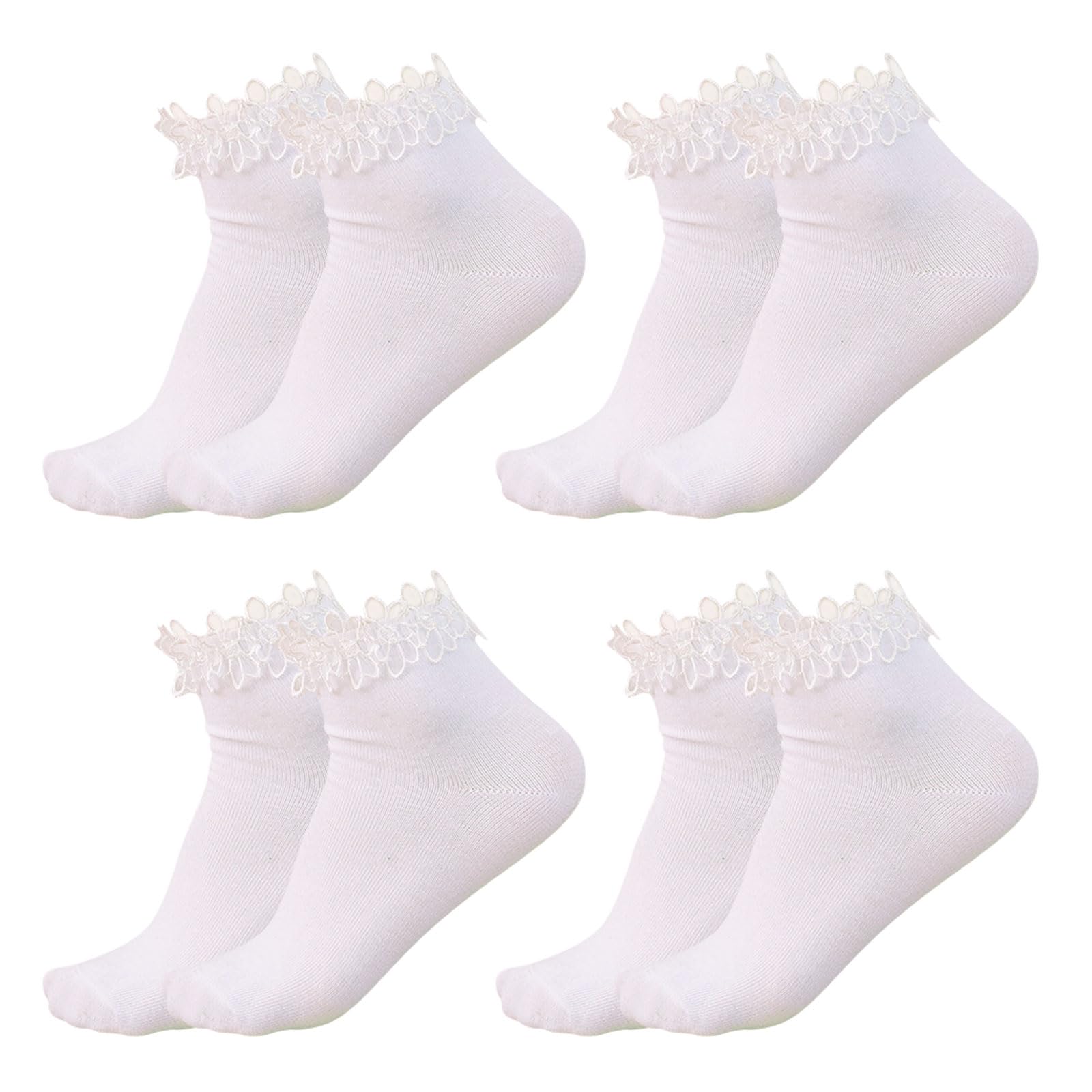 SKHAOVS 4 Pairs White Women Girls White Ruffle Socks,Ankle Socks,Frilly Socks,Soft Lace Socks,Ballet Socks,Sweet Princess Socks,Dress Socks, Breathable Cotton Socks (White)