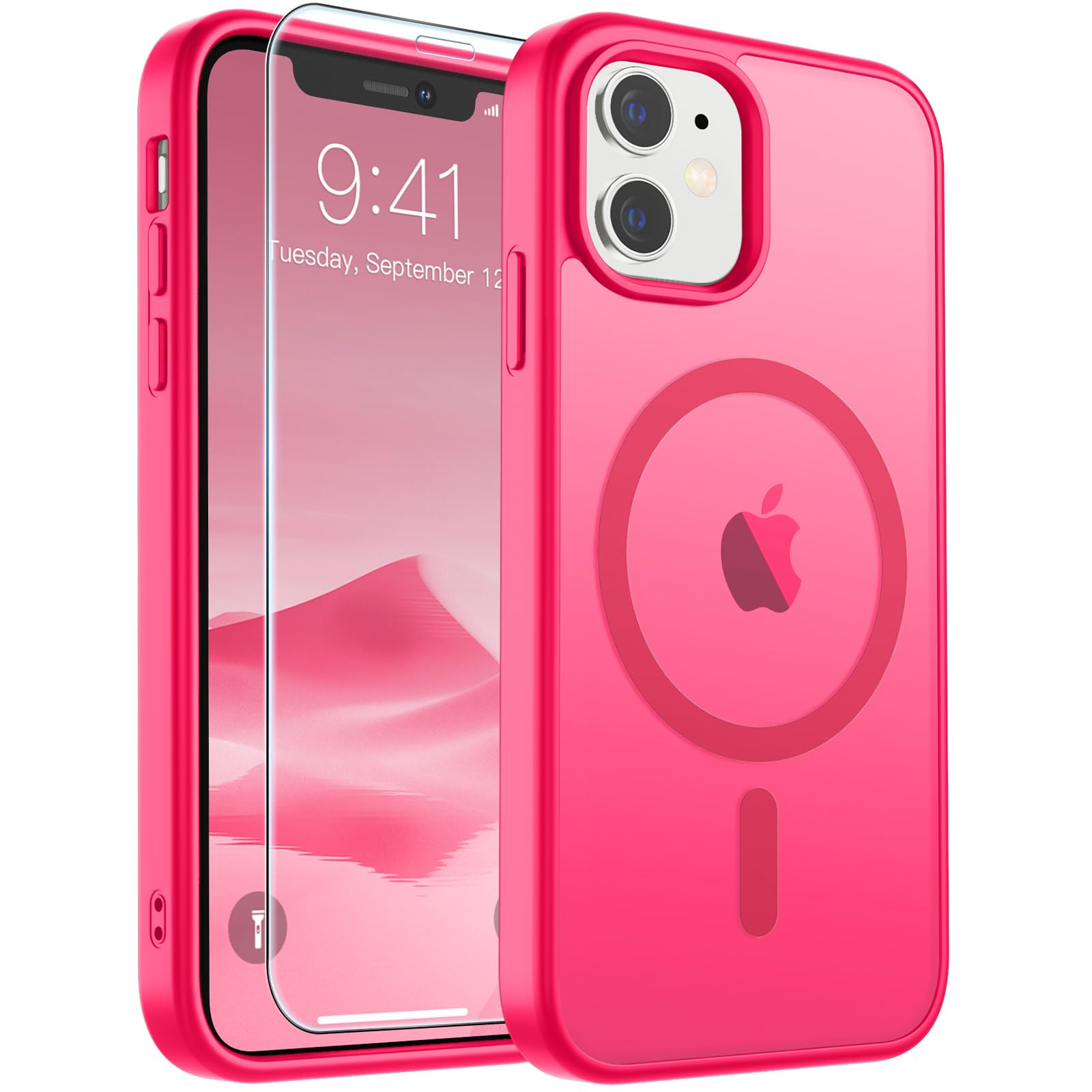 SUPFINE Magnetic for iPhone 11 Phone Case Hot Pink | With Screen Protector, Translucent Matte, Compatible with MagSafe, Military Grade Drop Proof, Rugged Shockproof Protective