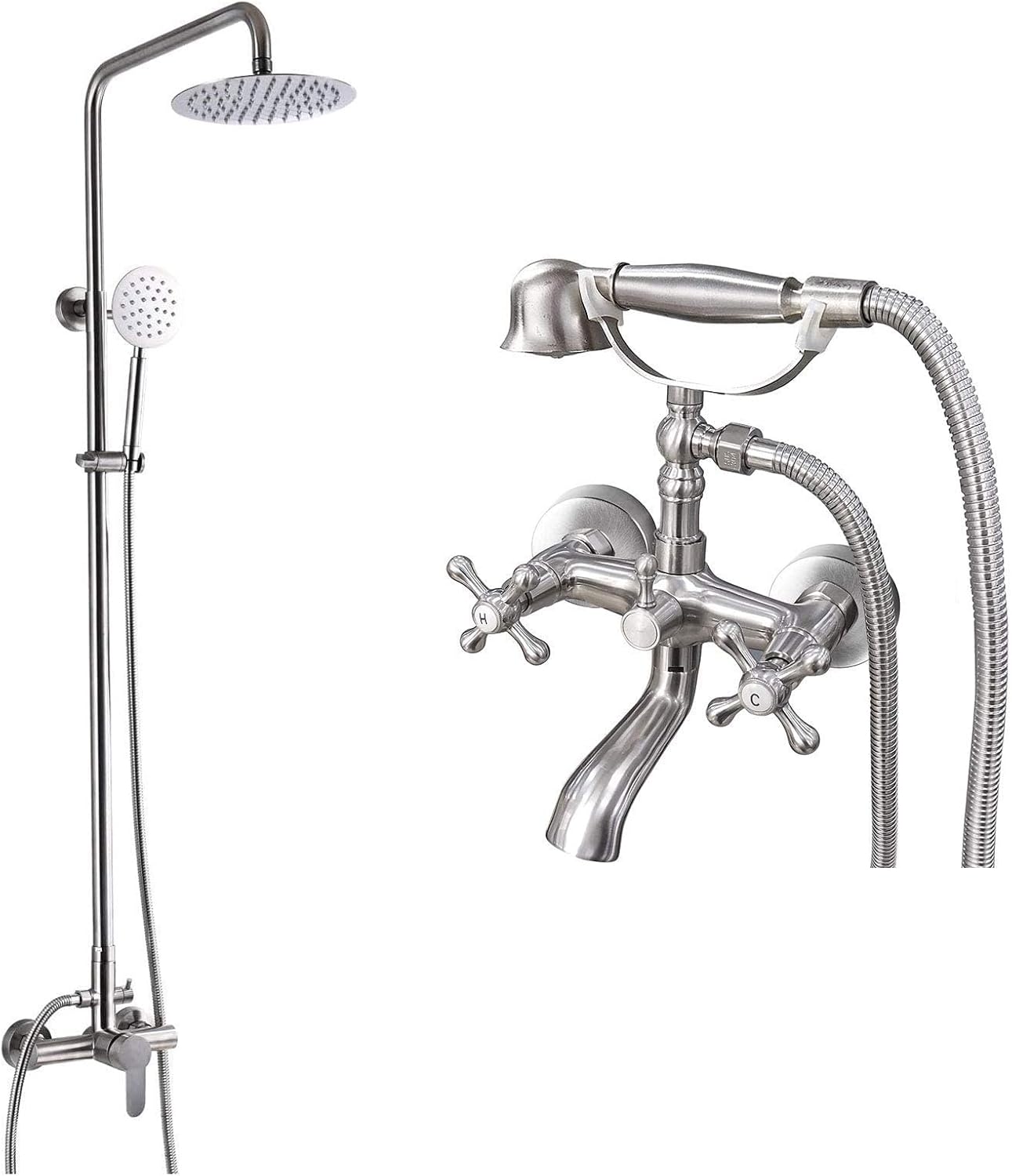 Outdoor Shower Fixture SUS304 Shower Faucet Combo Set Matching Wall Mount Brushed Nickel Bathtub Faucet with Hand Shower Sprayer