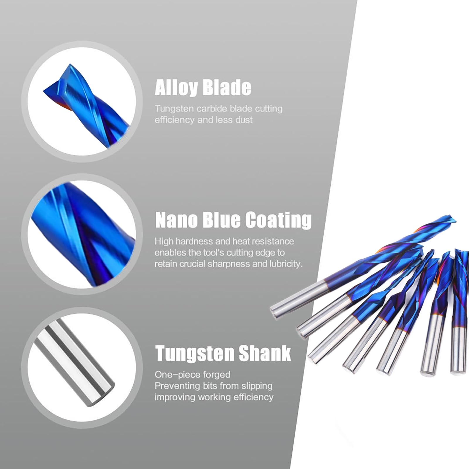 Lot de 4 fraises à défoncer à compression en carbure de tungstène à 2 cannelures, diamètre de coupe de 1,5 cm, longueur de coupe de 2,5 cm, tige de 6,35 mm, OVL de 6,3 cm, nano-revêtement