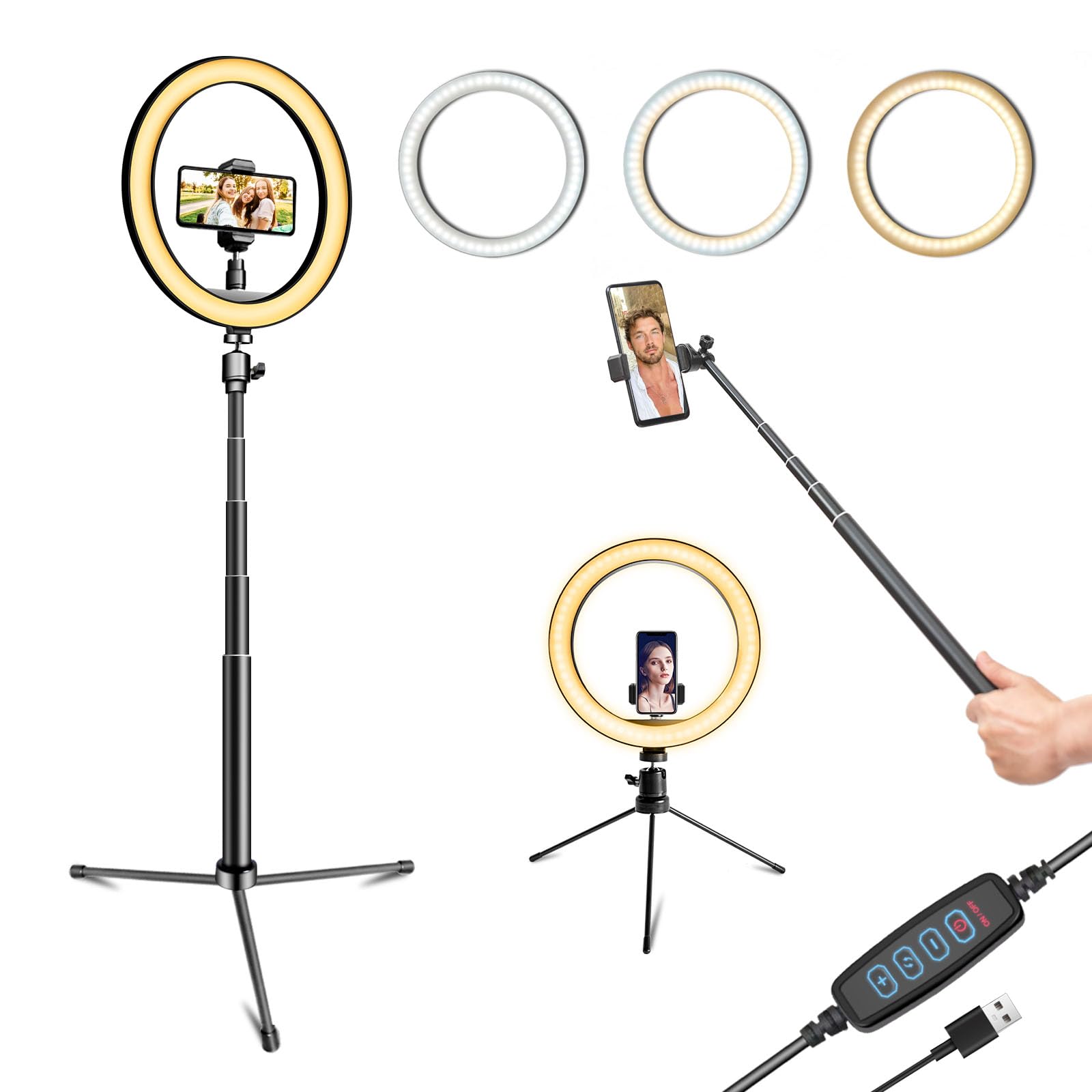 Photo 1 of SHSY LVSEZM 10" Selfie Ring Light with 10" Stand and 60" Selfie Stick, 3 Color Light Adjustment Suitable for Phones and Cameras, Makeup/Live Streaming/Taking Photos