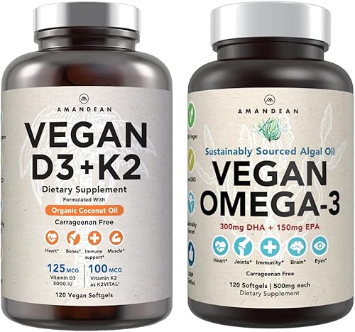 Combo vegano Powerhouse. Omega-3 de aceite de algas y vitamina D3 + K2. VIT D a base de plantas de algas. 100 mcg All-Trans MK-7 Vita K. Cápsulas