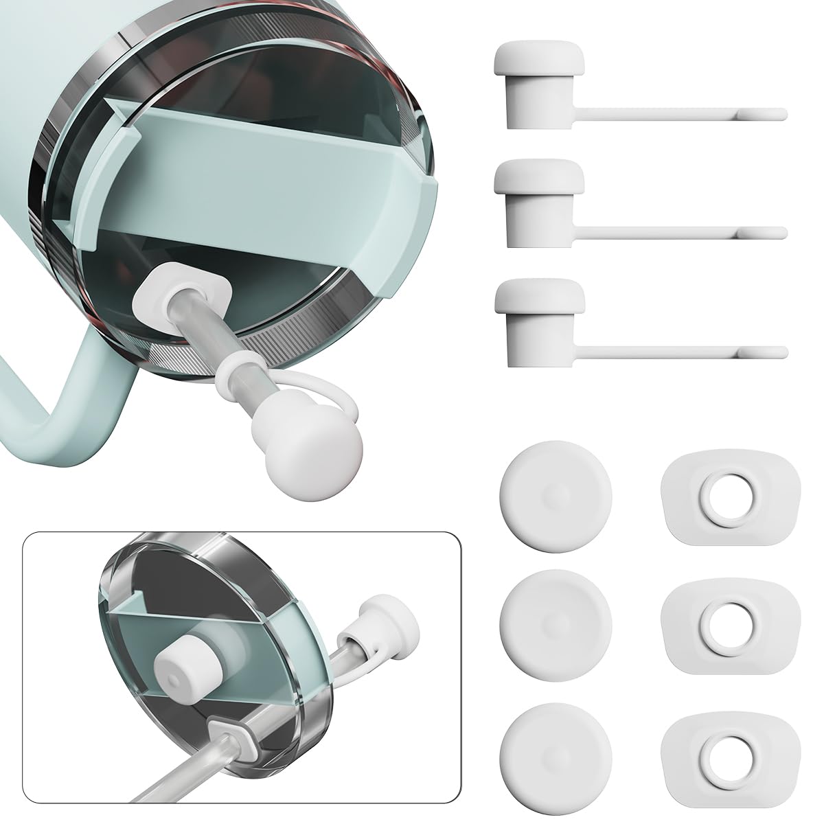 9pcs Silicone Spill Stopper Set, Stanley Accessories - Straw Lid Cap, Round Leak-Proof and Square Spill-Proof Stoppers for 40/30 Oz Stanley Cup (White)