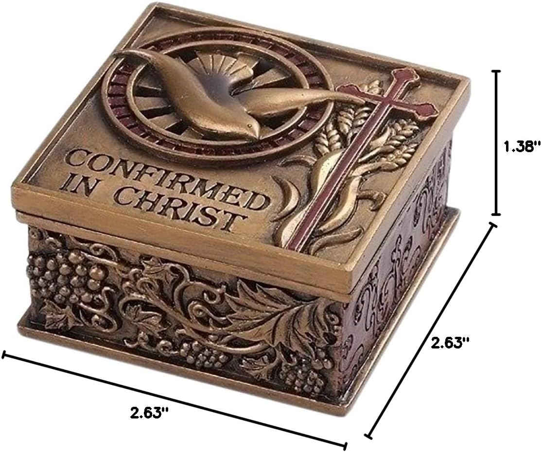 Confirmed In Christ Dove Bronze Tone 2.75 x 2.75 Resin Stone Memory Trinket Box image 2
