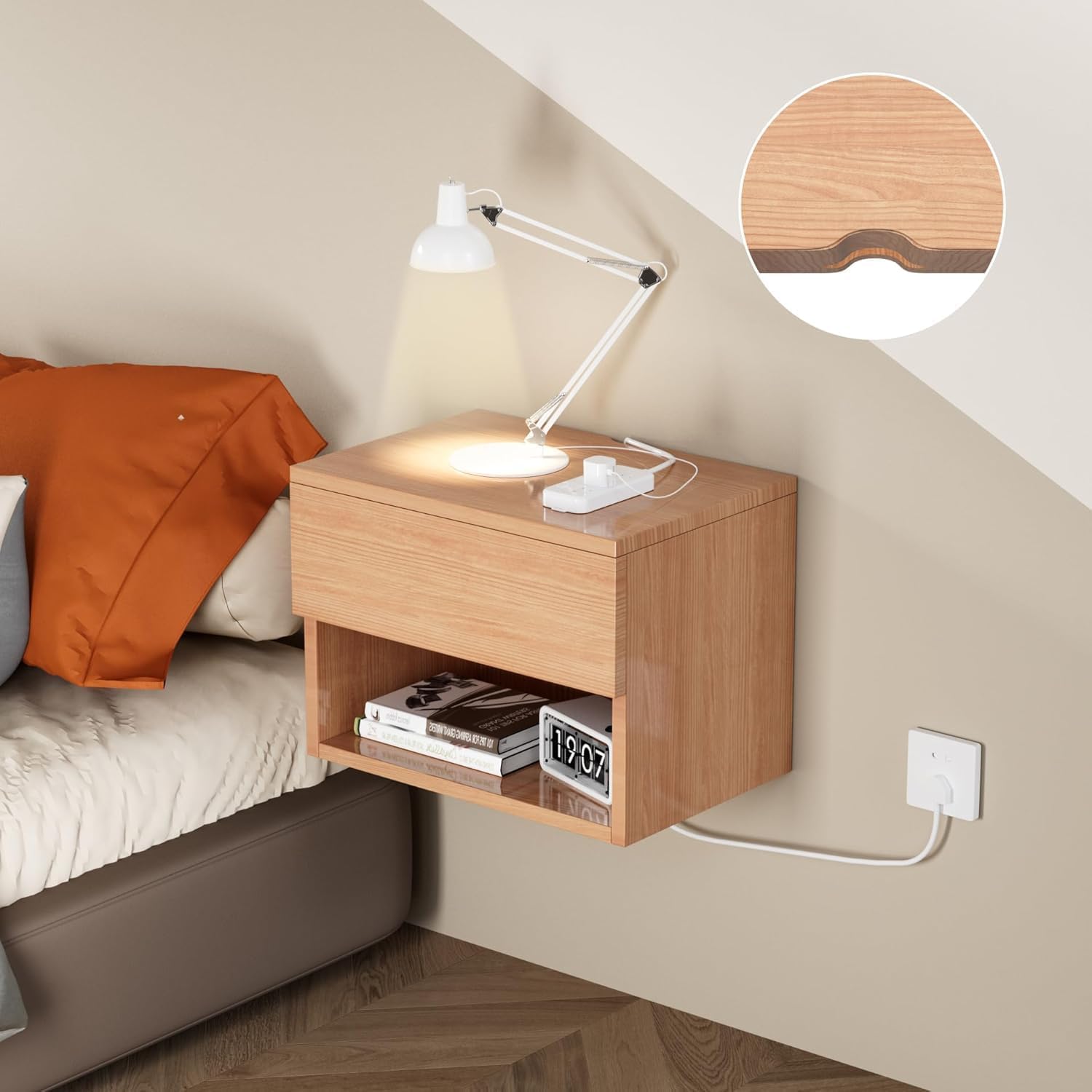 Kiseely Nachttisch hängende, Schwebender Nachtschrank mit Schubladen und viel Stauraum, hölzerner Nachttisch Regal, Beistelltisch Holz moderner für Schlafzimmer (Buche TY3, 2 Packs)