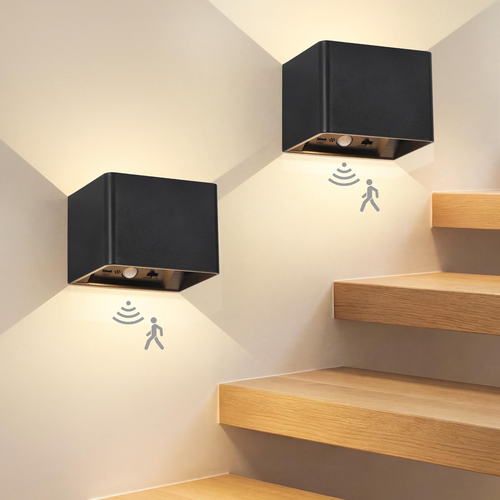 Kimjo Negro Aplique Pared Interior sin Cable, Lámparas de Pared LED Recargable con Sensor de Movimiento y Control Remoto, Luz de Pared Moderna con Función de Temporizador para Escaleras y Pasillos