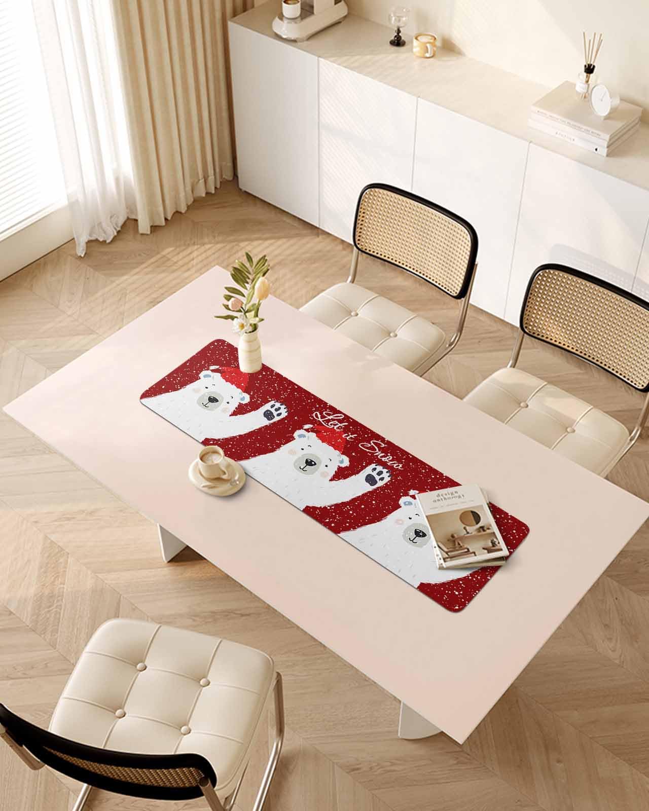 Debedcor Heat Proof Table Pads Waterproof Decorative, Red Christmas Bear Non-Slip Table Countertop Protector, Xmas White Snowflake Insulation Mat for Kitchen Room, 40 x 12 Inches