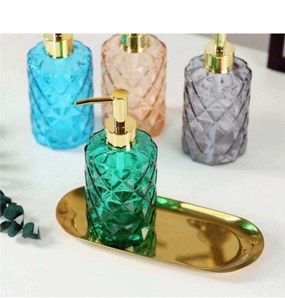 Dispensador de loción, dispensador de jabón líquido, vaso de vidrio con bomba de acero inoxidable, diseño de cristal transparente, botella de ducha vintage y elegante (azul: tamaño A 330 ml)