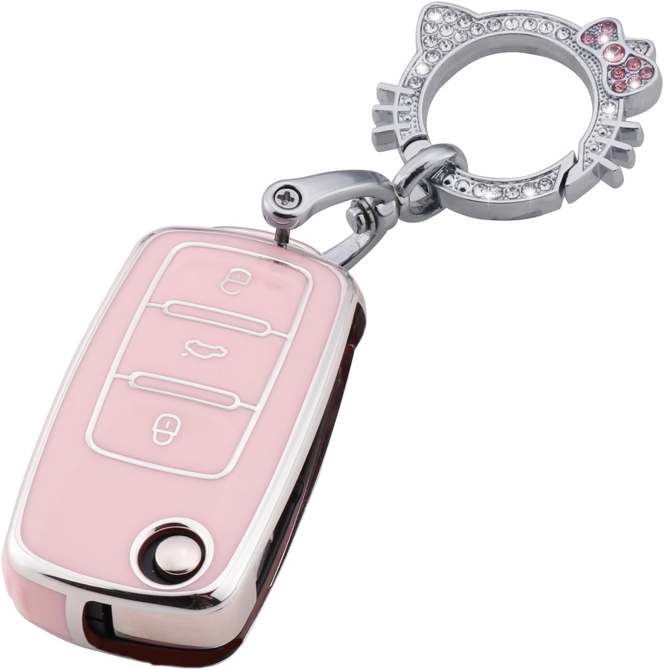 Pink Key Fob Cover for VW Volkswagen,Soft TPU Key Case Protection with Bling Keychain Fit for Jetta Golf Polo MK6 Passat Tiguan Beetle
