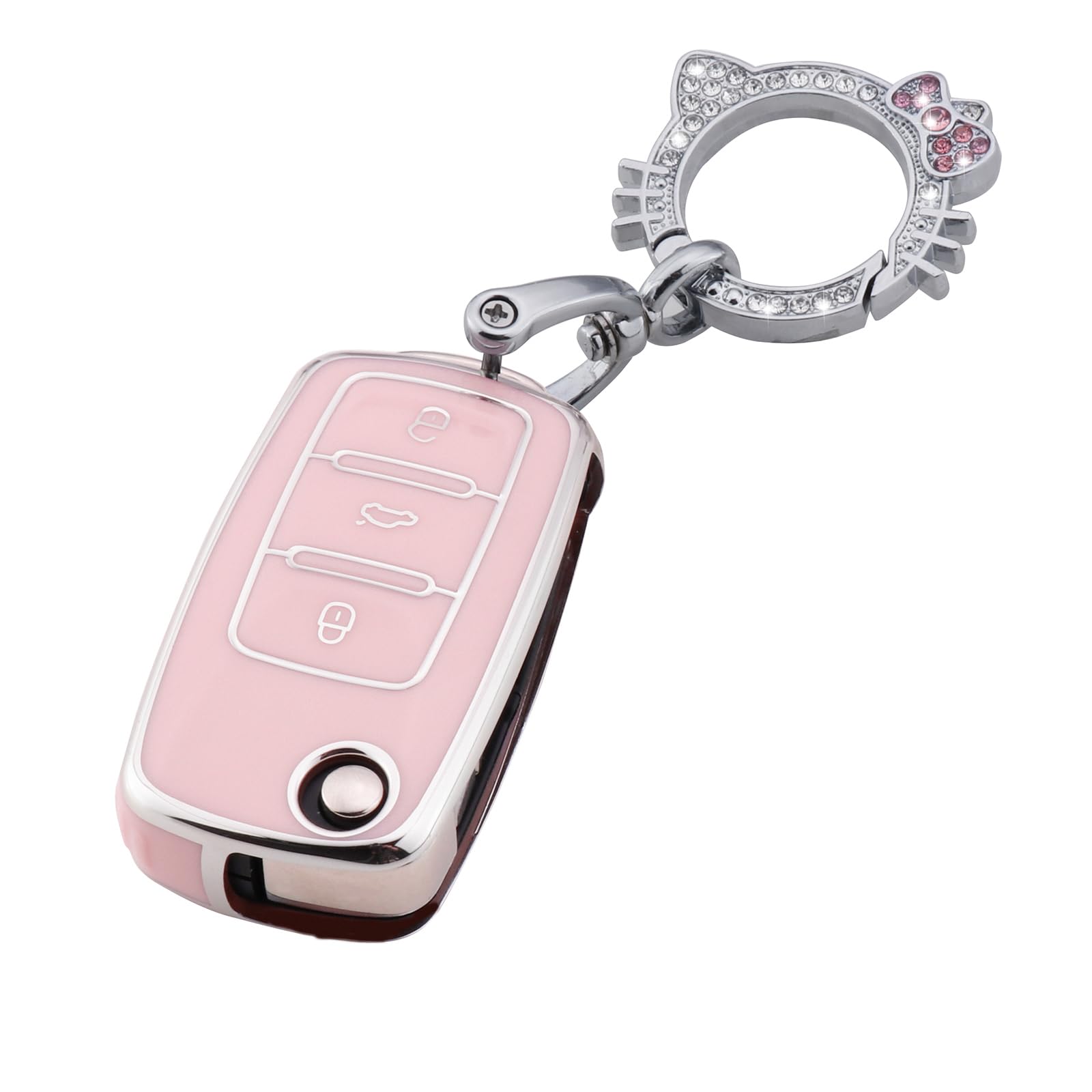 Pink Key Fob Cover for VW Volkswagen,Soft TPU Key Case Protection with Bling Keychain Fit for Jetta Golf Polo MK6 Passat Tiguan Beetle