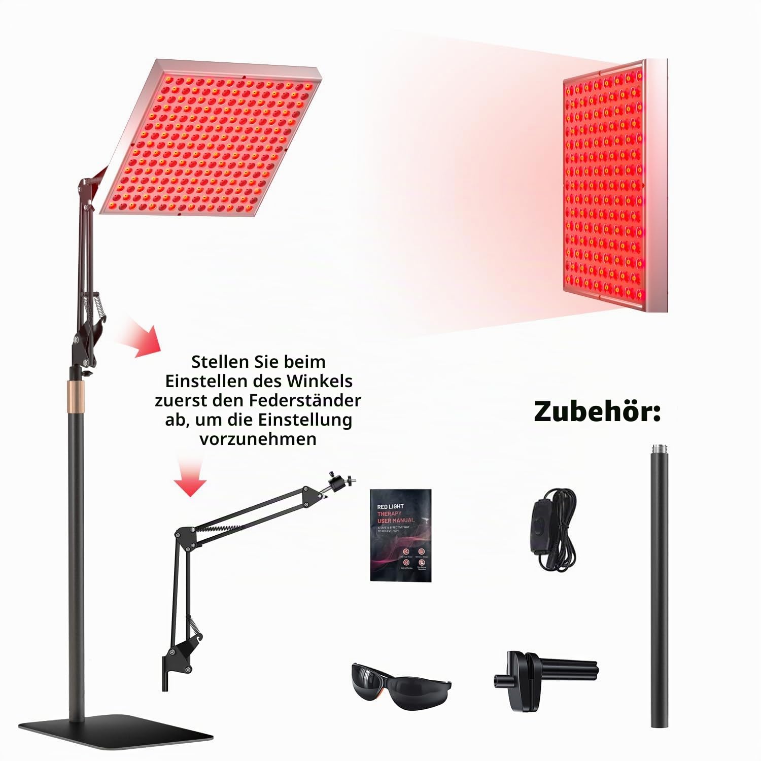 Rotlichtlampe, Infrarot-Körper- und Gesichtsbehandlungslampe, 225-LED-Rotlicht-Therapielampe, 660 nm & 850 nm Infrarot-Panel Lampe, Rotlicht-Therapie-Entspannungsgerät, mit verstellbarem Ständer