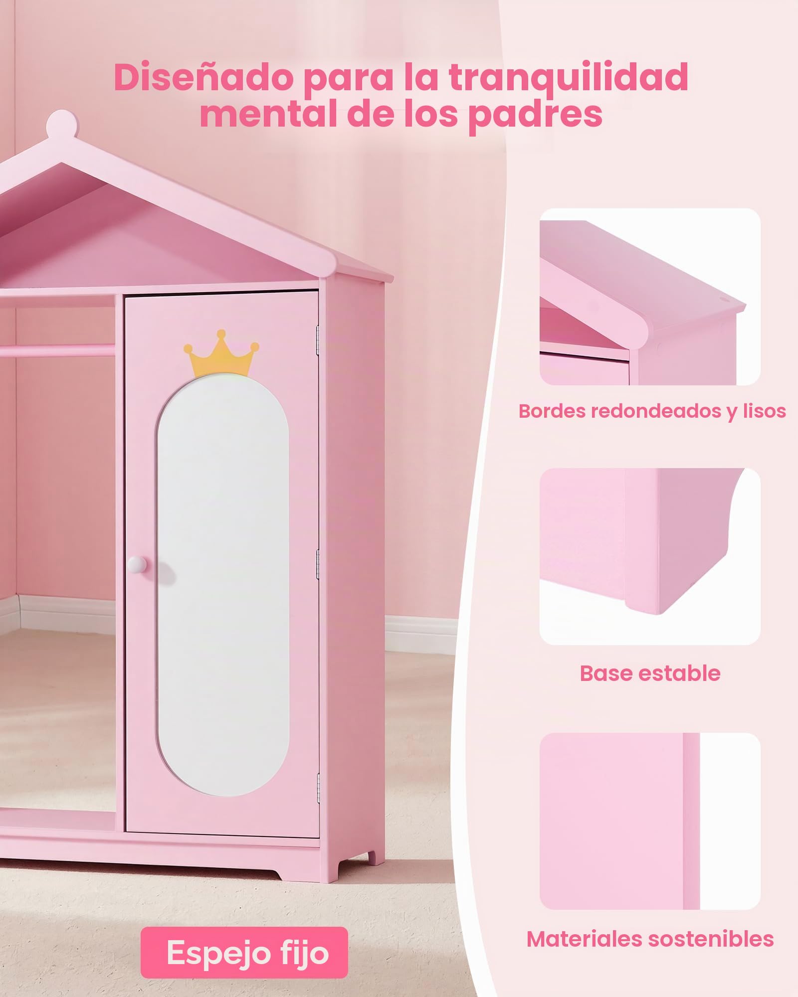 VEVOR Armario de Disfraces para Niños con Espejo, Perchero Infantil con Estantes, Mueble de Madera Estilo Cuento de Hadas para Dormitorio, Juegos, Organizador de Ropa con Barra y Compartimentos, Rosa