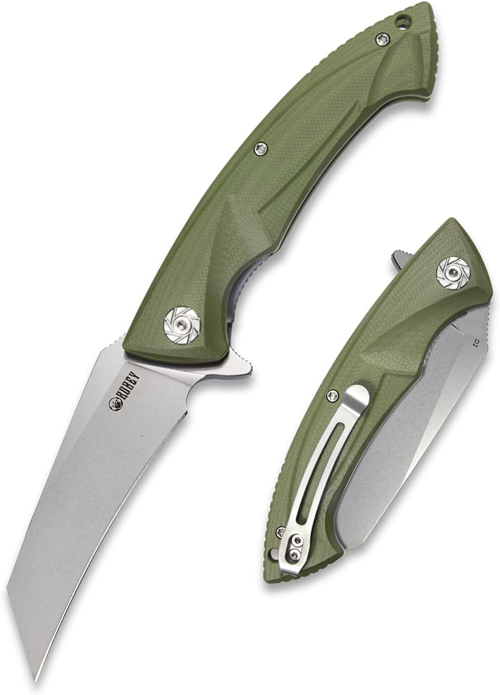 KUBEY Anteater KU212 Folding Knife with Pocket Clip, G10 Handle and D2 Tanto Point Blade, Liner Lock Mechanism and Ball Bearing System, for Hiking EDC and Hand Tool(Army Green Plus)