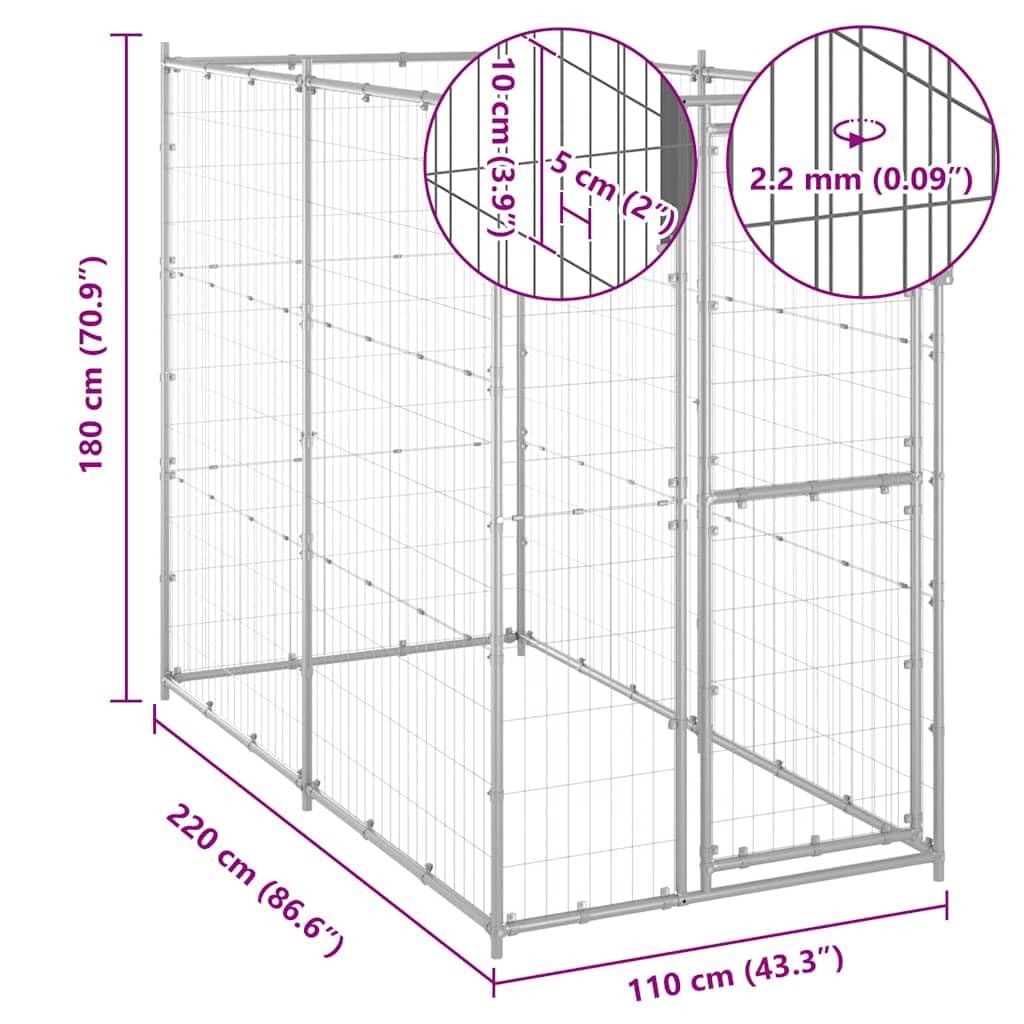 vidaXL Chenil Extérieur pour Chiens Acier Galvanisé 110x220x180 cm Enclos