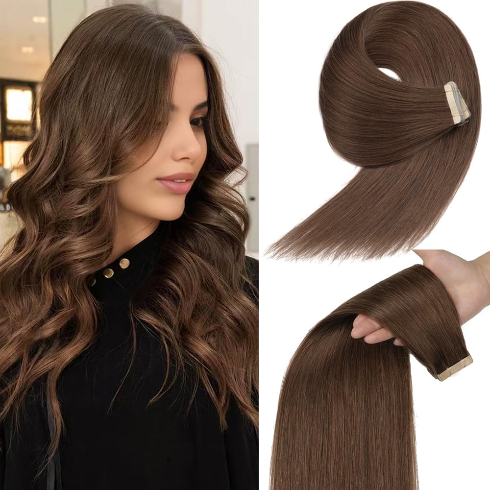 YDDM Tape in Hair Extensions, 16 Inch 20pcs Chocolate Brown Invisible Tape in Hair Extensions Human Hair Straight Seamless 100% Remy Human Hair(4#, 16