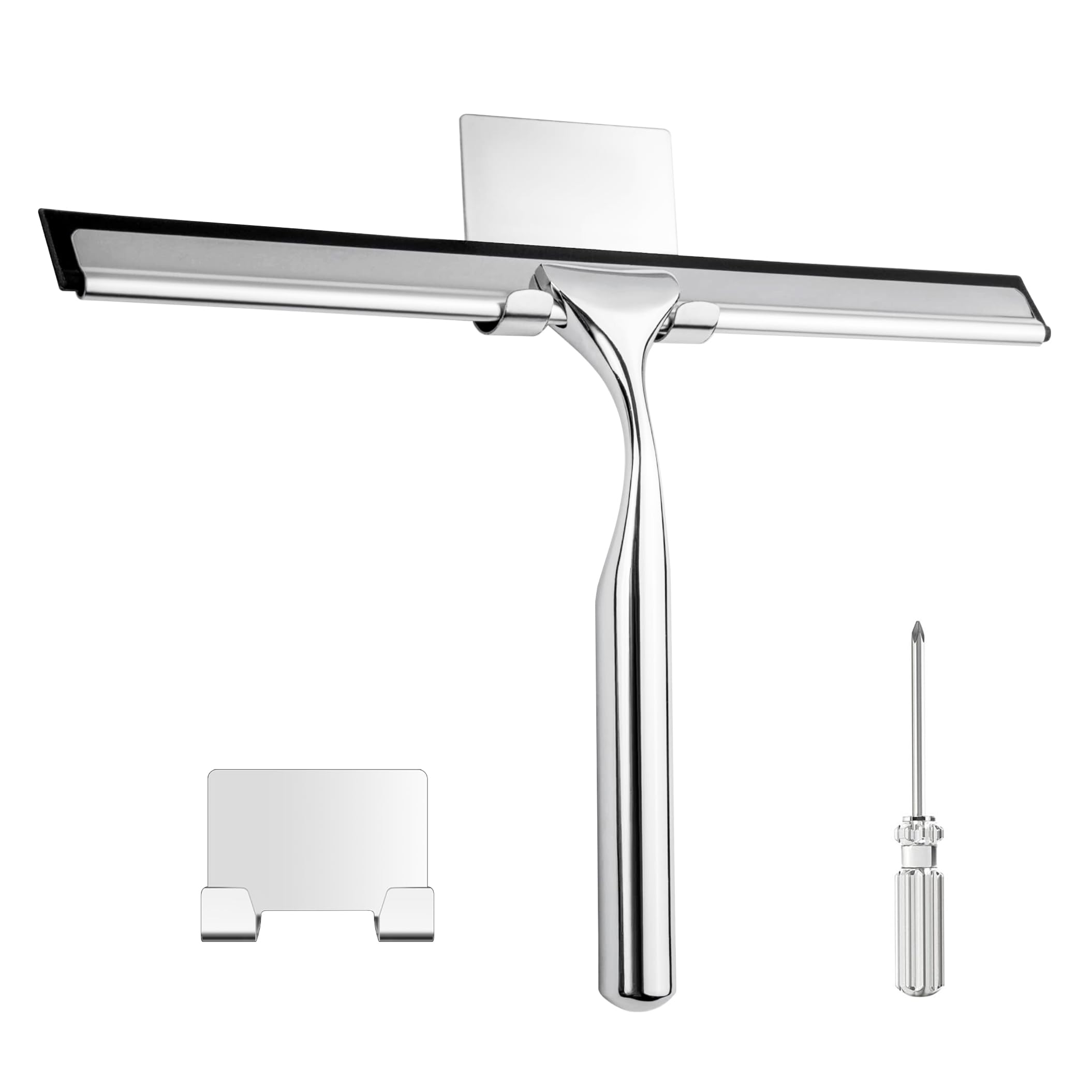 Shower Squeegee, 10-Inch Water-proof Stainless Steel Squeegee Windshield Cleaner Car Windscreen Cleaning Tool with Adhesive Square hook Suitable for Car Shower Glass Window Cleaning
