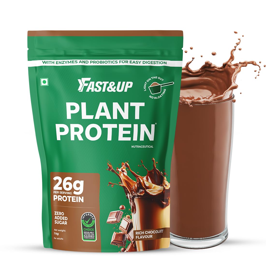 Fast&Up Plant Protein Powder with Rich Chocolate Flavour | Pea Isolate & Rice Protein | 26gm Protein Per Serve | Complete Amino Acids with 4.6g BCAA | Smooth & Tasty with No Added Sugar | Easy to Digest | Tested & Certified, 1kg Pouch