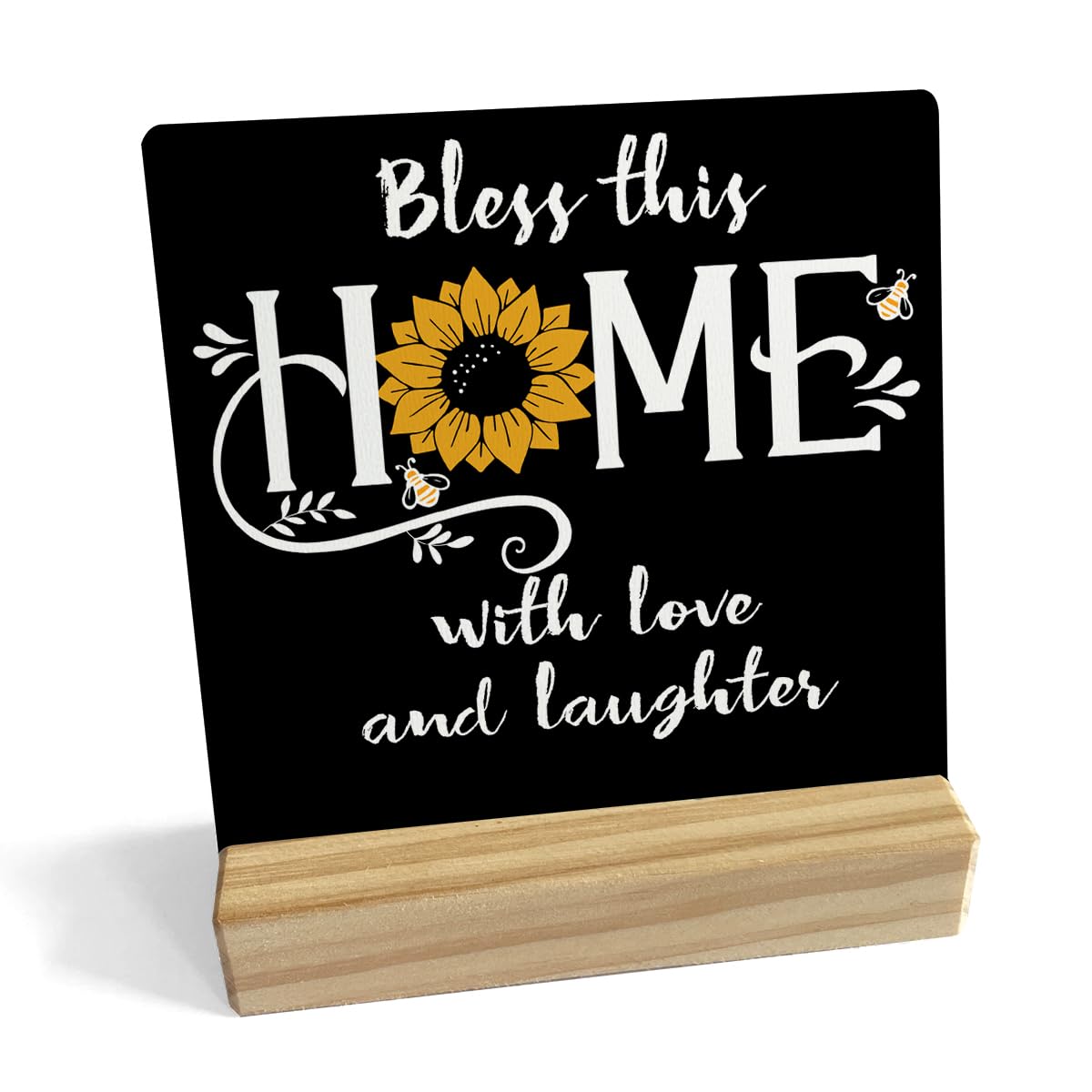 Bless This Home with Love Quote Wooden Plaque Sign Desk Decor, Summer Sunflower Wood Stand Signs Desk Decor, Rustic Decor for Home Shelf Desk 4 x 4 Inches