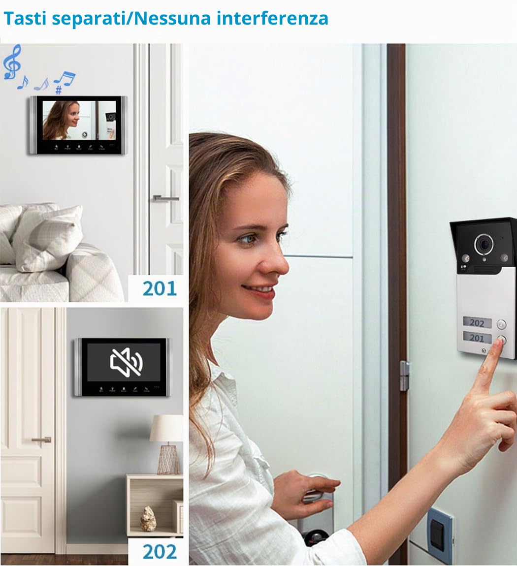 Videocitofono Cablato A 2 Unità Campanello, Videocitofono Collegato A 4 Fili Dotato Di Schermo LCD TFT 7 "Telecamera Di Visione Notturna Impermeabile Sbloccando Monitor Video Audio Bidirezionale