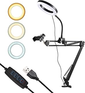 Overhead Camera Mount Foldable Phone Arm Stand with 8-inch Ring Lamp Ball Head Phone Clip Compatible with Compact Camera/Smartphone/Webcam/Ring Light