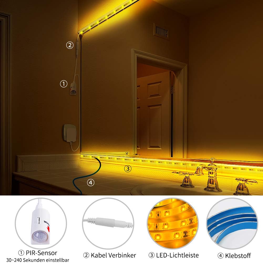Emotionlite Motion Sensor Strip Lights, Automatic ON/Off, 10~260 Seconds Sensor Time Adjustable, 16FT Golden Yellowish LED Tape Light, Waterproof, Dustproof, Bedroom, Staris, Hallway, Cabinet, Closet