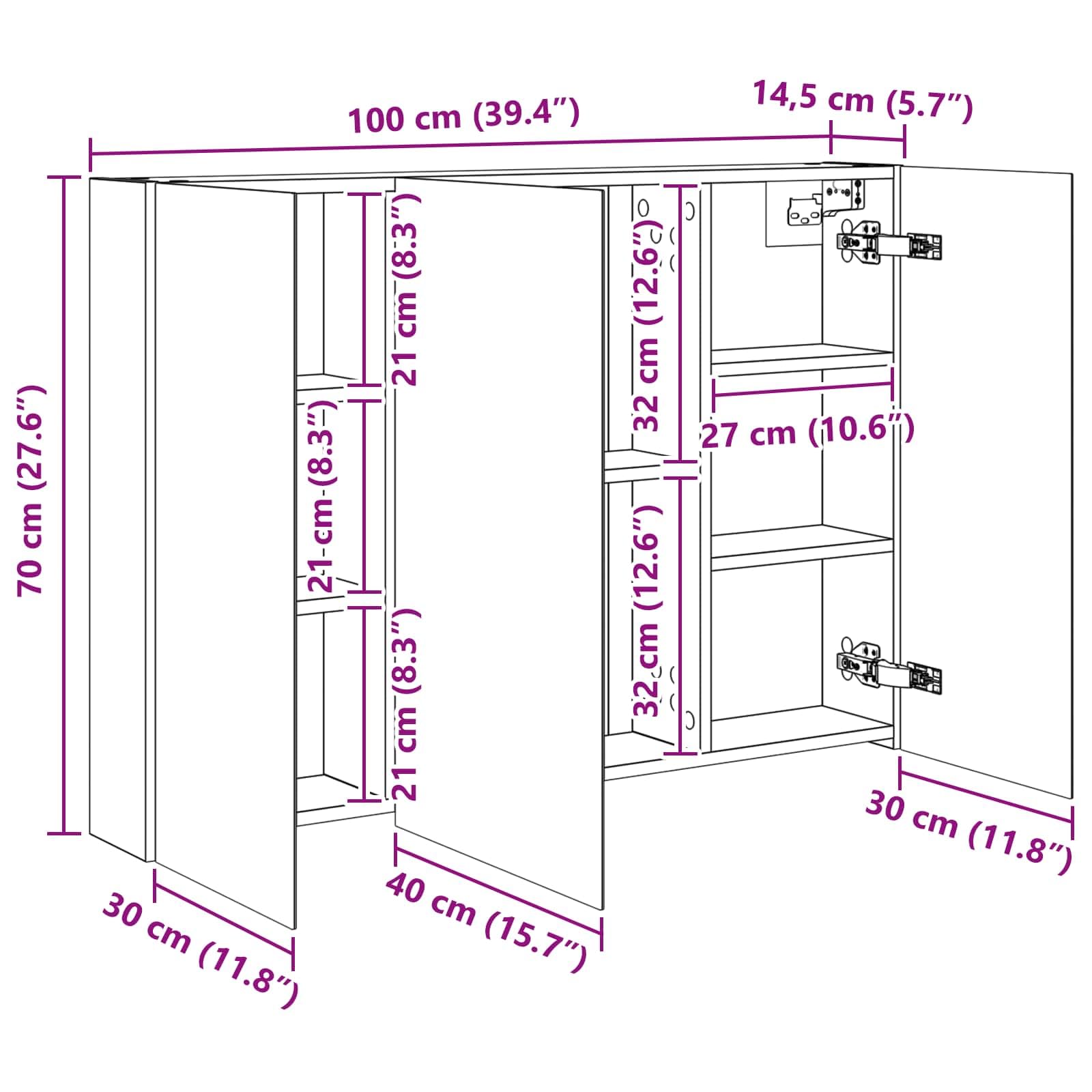 Armadietto da bagno a specchio in rovere Sonoma, 100 x 14,5 x 70 cm, con vano portaoggetti, specchio su entrambi i lati, montaggio a parete, con 2 ripiani, per bagno e bagno degli ospiti