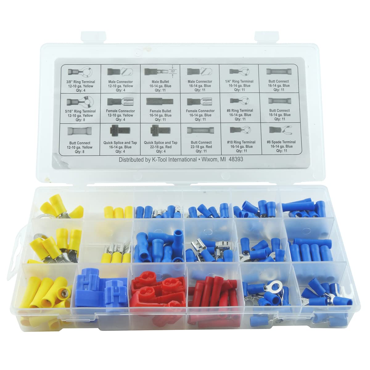 K Tool International 00097 Electric Wire Solderless Terminal Kit for Garages, Repair Shops and DIY, 17 Popular Sizes for 10-18 Gauge Wire, Color Coded, Product Assortment Map, Plastic Case, 157 Piece