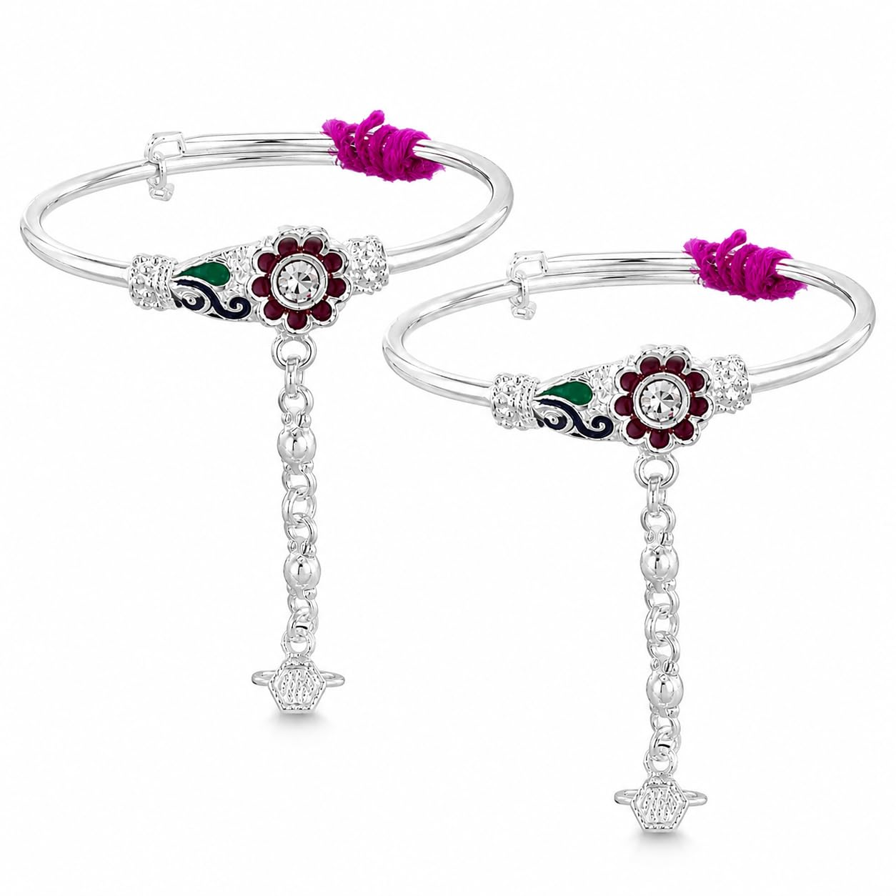 Pure Silver Adjustable Baby Girl Bracelet with Attached Ring | Traditional Khadua for Nazariya | Floral Design Silver Ha