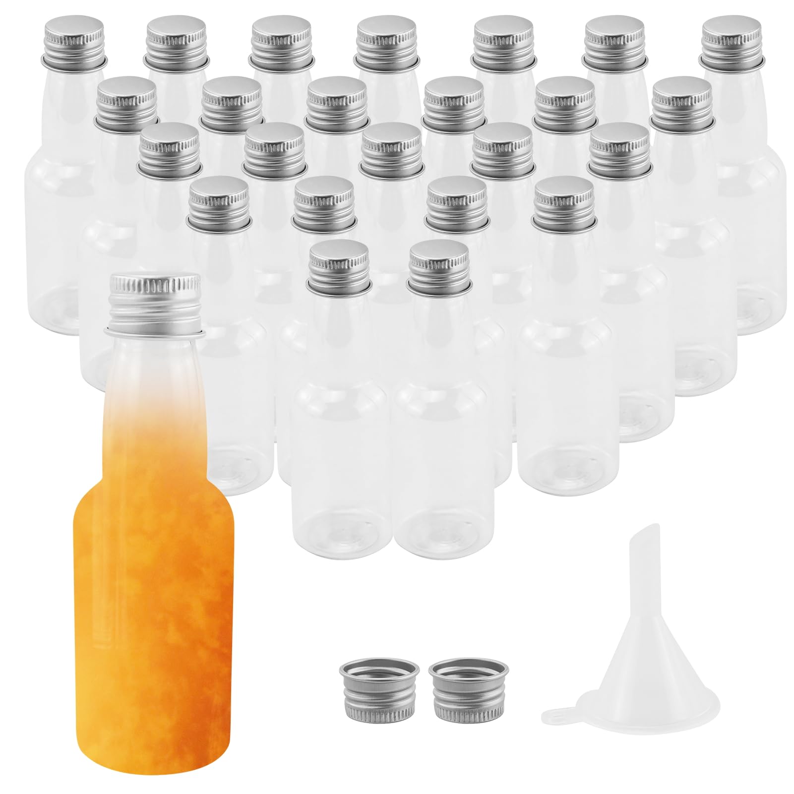 25 mini bottiglie di liquore da 50 ml, in plastica, con coperchio argentato e imbuto di stoccaggio
