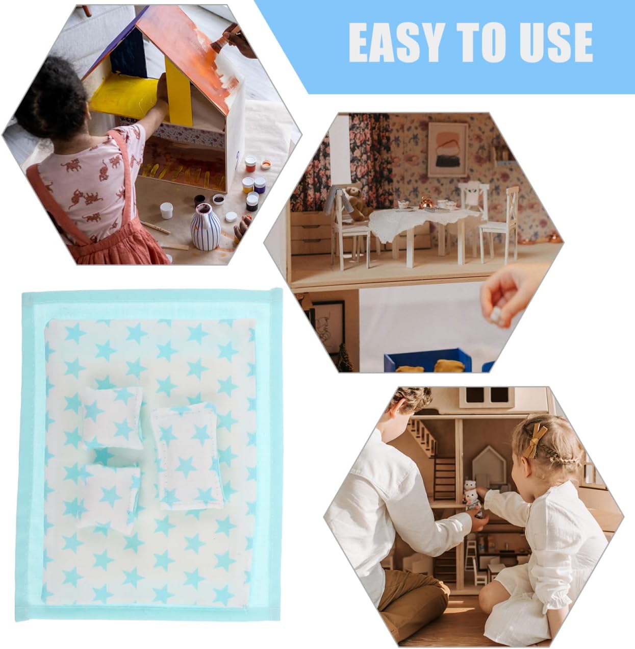 balacoo 1/12 Scale Dollhouse Bedding Set with Mini Quilt 3 Pillows and Realistic Bed Sheet for Miniature Bedroom Decor and Dollhouse Accessories