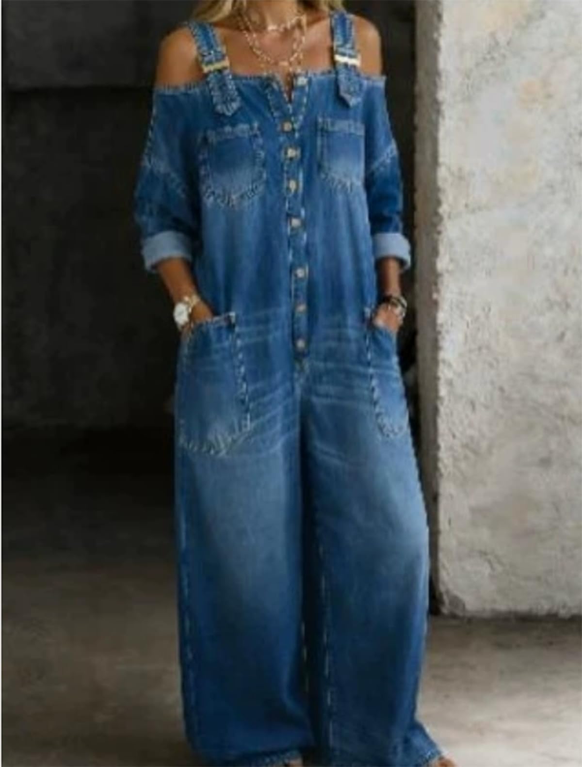Combinaisons en Jean pour Femmes, Salopettes Une pièce à Manches Longues et épaules dénudées, Pantalon Long Style Streetwear décontracté, Combinaisons Amples