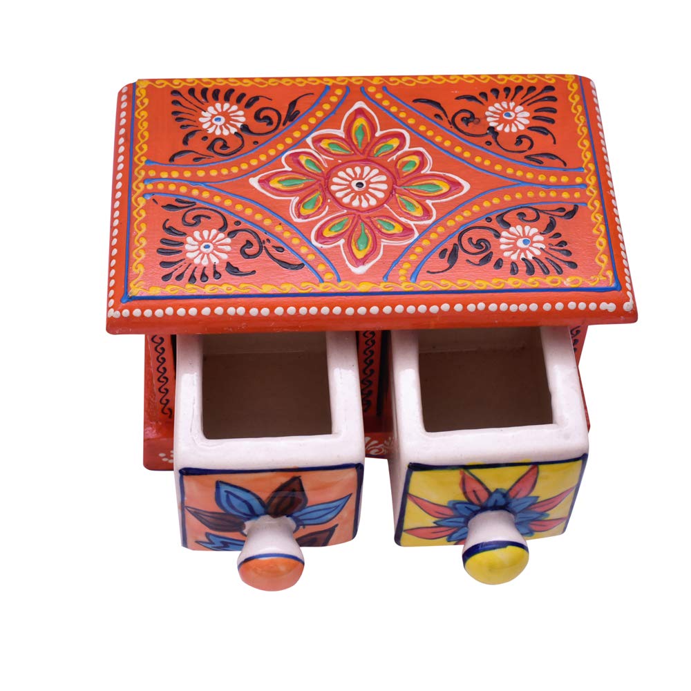 HC THE CRAFTS Hand Decorated Painting Handmade Wooden and Ceramic Drawers Small Chest Jewellery (Orange) (Orange Color) 3