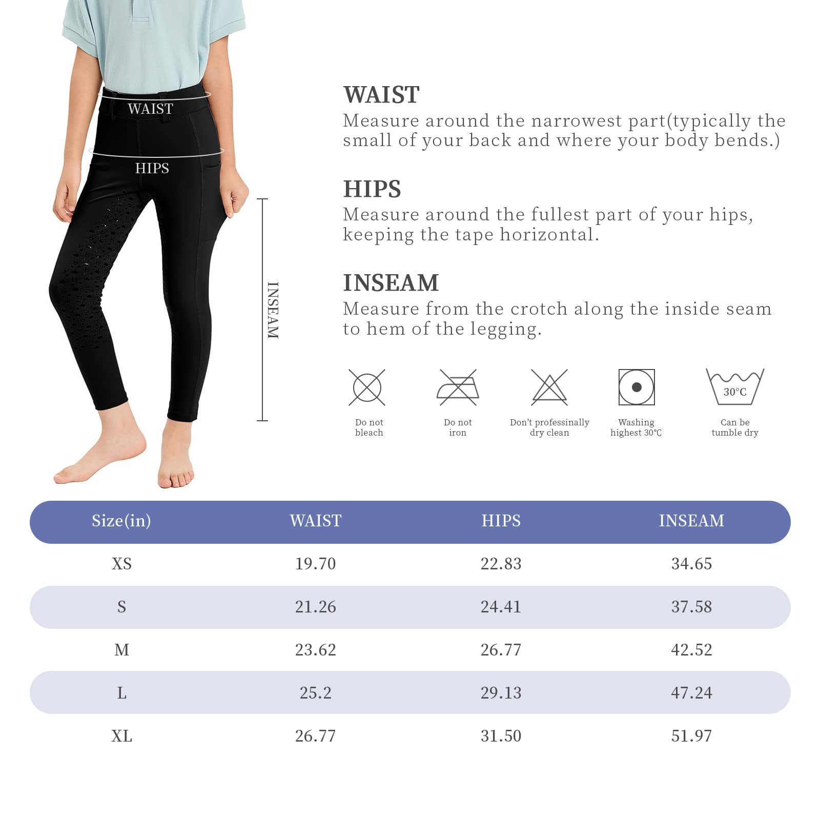 Leggings de equitación para niña con ribete completo de silicona, elásticos, para niños y niñas, con trabillas para cinturón, bolsillo lateral