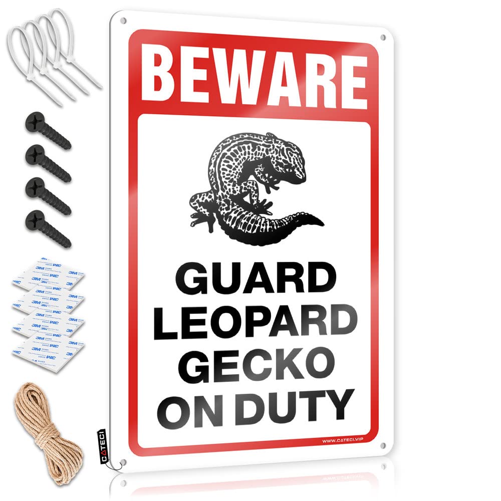 HELIOFORGE Home Bar Decor Beware! Guard Leopard Gecko On Duty Tin Sign Tin Signs Sarcastic Metal Signs(20X30CM)