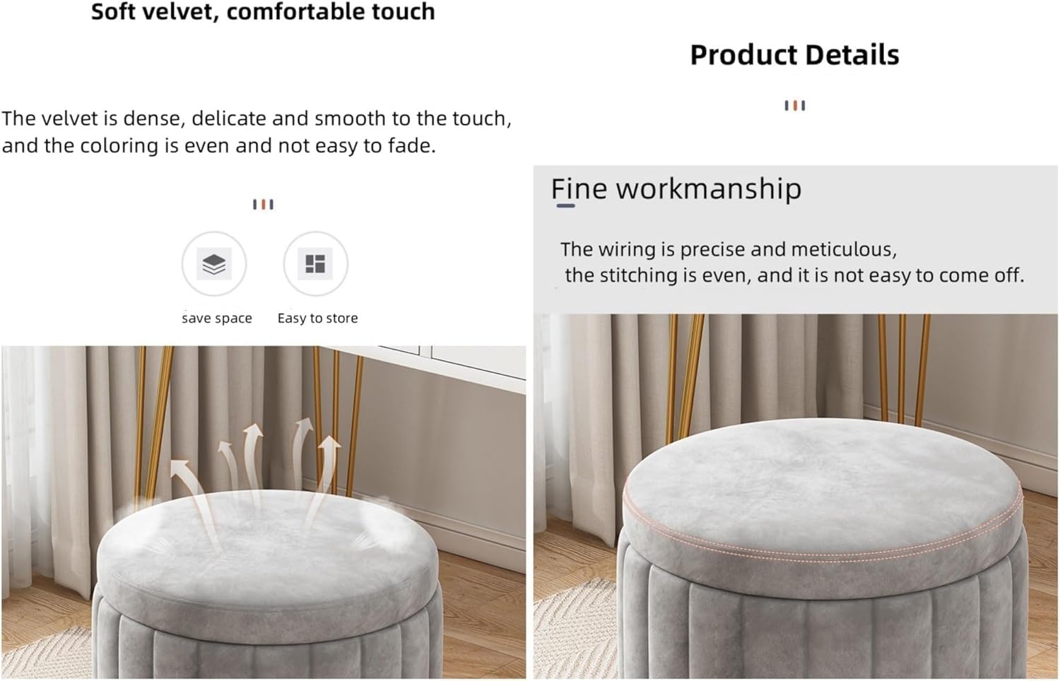 Tabouret Repose-Pieds de Rangement – ​​Tabouret de vanité Rond avec Base en métal, siè rembourré pour Salon Chambre à Coucher, Chaise Repose-Pieds Polyvalente