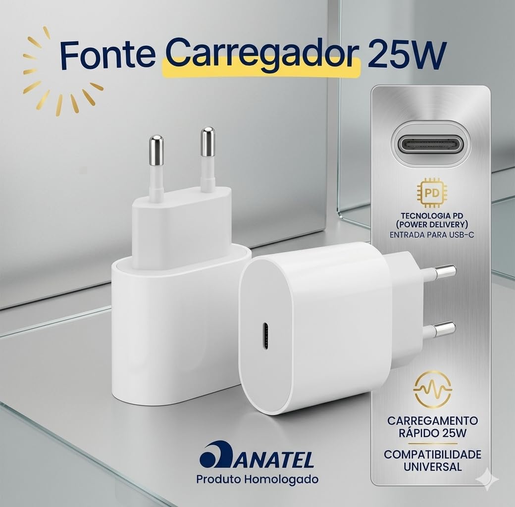 Kit Carregador Turbo 25W Compativel c/I.Phone 8 X Xr 11 12 13 14 Pro Max Linha Premium com Cabo USB-C, Saída iOS + Fonte Carregador Ultra Rápido, Tecnologia Power Delivery Kit Carregador Turbo 25W Compativel c/I.Phone 8 X Xr 11 12 13 14 Pro Max Linha Premium com Cabo USB-C, Saída iOS + Fonte Carregador Ultra Rápido, Tecnologia Power Delivery