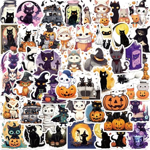 50 calcomanías de gato negro aterrador, lindas calcomanías de gato de Halloween de dibujos animados para caja de papelería, laptop, teléfono celular, calcomanías de vinilo impermeables divertidas para