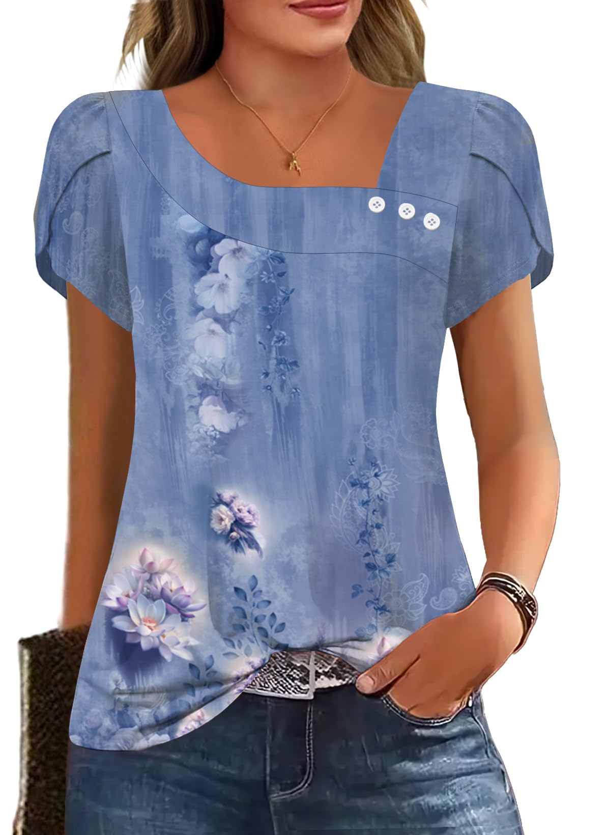 Womens Petal Sleeve Tops Summer Trendy T Shirt Casual Loose Square Neck Button Blouse Tees