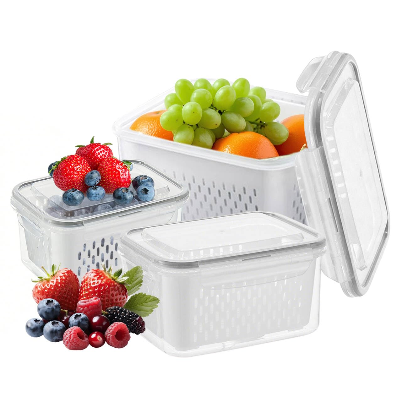 3 Set Fridge Fruit Storage Containers with Colander, Leak Proof Fridge Containers, Fresh Food Storage with Lids Airtight for Meat Fruit Vegetables (Grey)