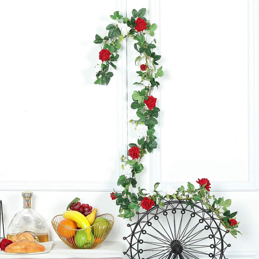 Floweroyal 2pcs Artificial Rose Vines 5.5ft Velvet Flowers for Garland Hanging and Wedding Decor (Red and White) - Image 4