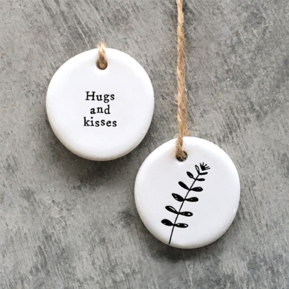 East Of India White Mini Porcelain Hanging Tag Hugs Kisses, Porcelain Keepsake Tag, Thinking Of You Keepsake Gift, Small Porcelain Gift, Friendship Gift