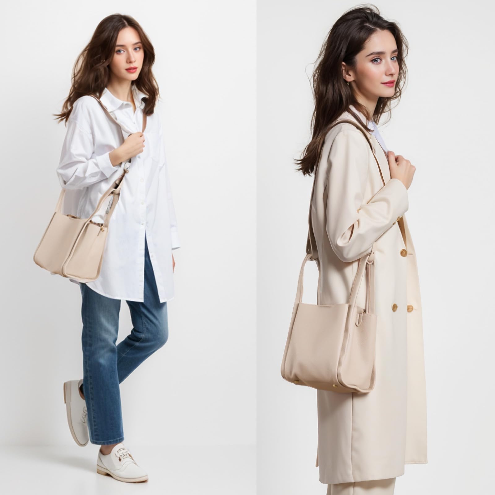 FTDENE Women's PU Leather Bucket Bag - Lightweight Shoulder Handbag with Detachable Strap for Work, Travel, and Daily Use (Milk Apricot)